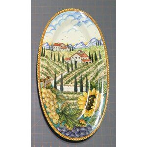 Hand-Painted Italian Ceramic Wall Plate Vineyard Scene Sunflowers